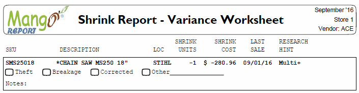 Shrink Report Variance Worksheet