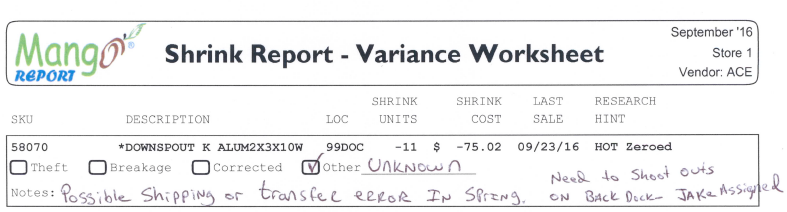 Shrink Report Variance Worksheet 